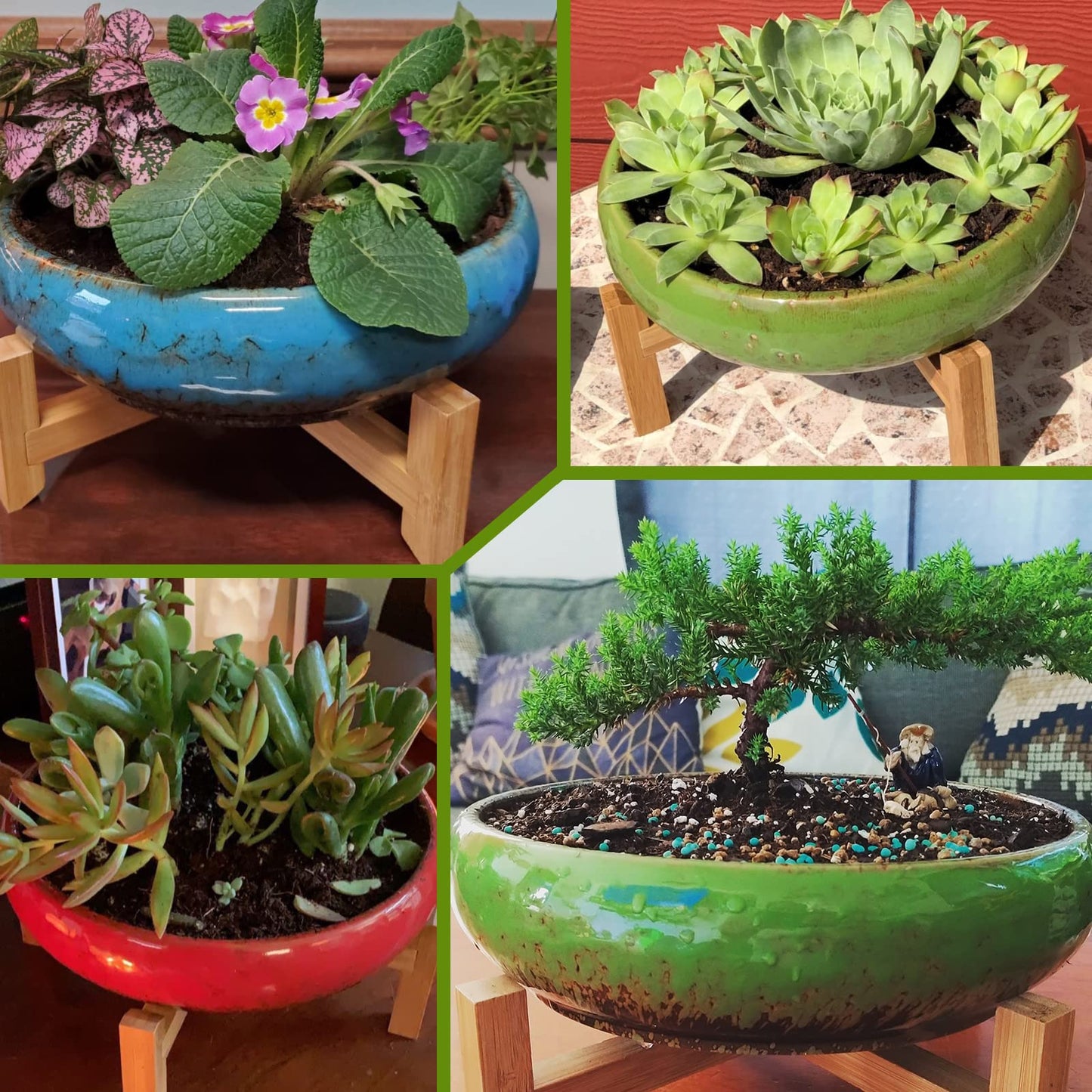 ARTKETTY 2 Pack Large Bonsai Pots with Drainage, Shallow Succulent Plant Pots with Stand, Ceramic Pots for Indoor Plants, Decorative Cactus Flower Planter Bowl
