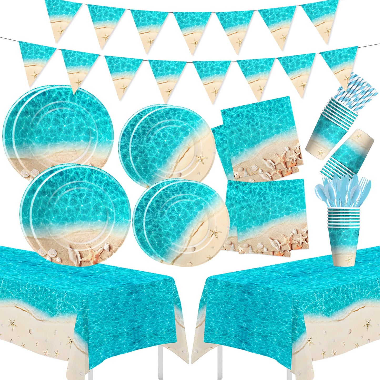 Srua Don Beach Party Decorations, Ocean Seashell Party Supplies, Plate, Cup, Napkin, Tablecloth, Cutlery, Banner, Ocean Beach Table Decorations For Birthday Baby Shower Wedding, Serves 24