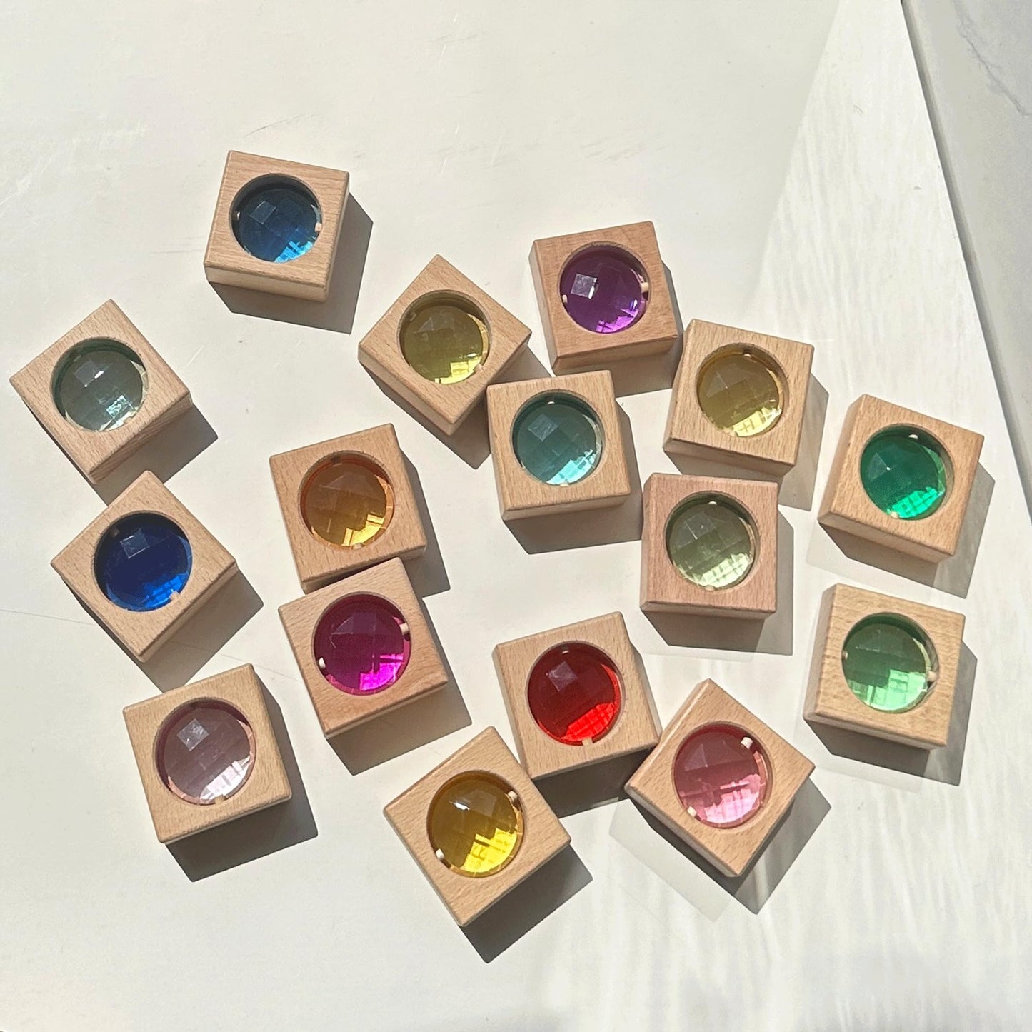 KOAICS 16PCS Acrylic Wooden Gem Blocks, Sparkling Acrylic Colorful StackingToys, Open Ended Play Montessori Educational Toys (16PCS Square Gem Blocks)