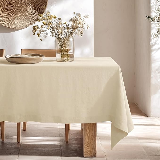 Linen World Linen Tablecloth - 100% French Linen Table Cloth 60" x 90" Inch,Washable Rectangular Tablecloth for Dining,Outdoor,Weddings and Restaurants,Decorative Thanksgiving Christmas,Sand Beige