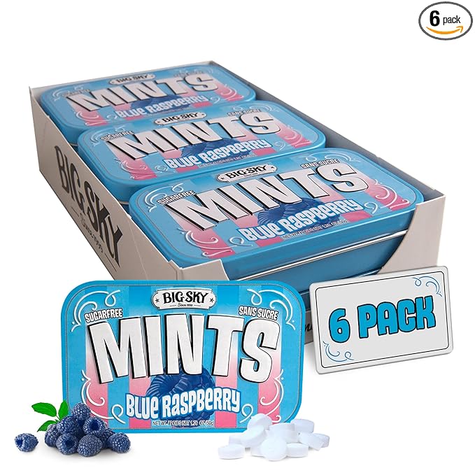 Big Sky Sugar Free Mints Blue Rasberry | No Artificial Colors or Flavors | Kosher, Vegan, Gluten Free | Aspartame & Xylitol Free | 50 Count Tin (Pack of 6)
