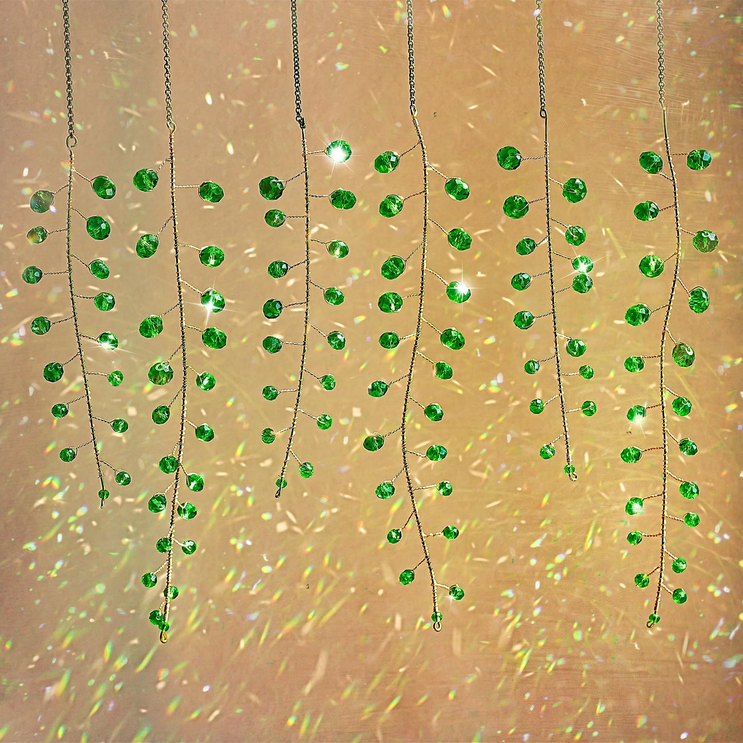 H&D HYALINE & DORA 6 Pcs Crystal Beaded Suncatchers Artificial Green Plants Hanging Wind Chime with Chain for Window Indoor Outdoor Potted Plants Decorations Plant Lover Gift