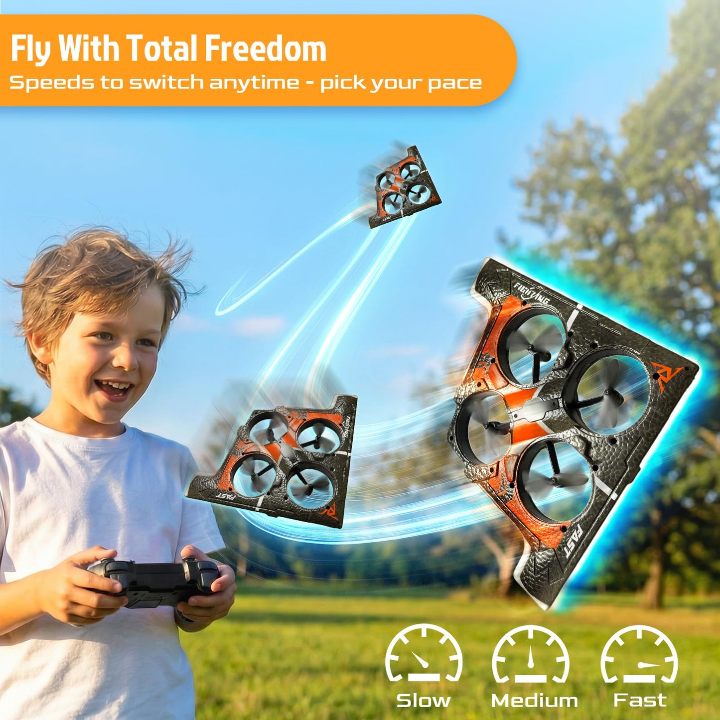 Foam Bomber-Style Drone - RC Airplane with Cool Blue LED Lights, Easy-to-Fly Remote Control Aircraft for Beginners, 2 Batteries (15 Mins Flight), Altitude Hold & 360° Flips, Indoor/Outdoor Hobby Gift
