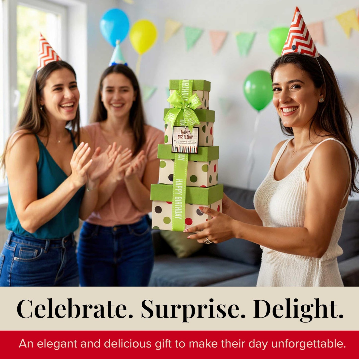 Broadway Basketeers Birthday Gift Tower Box for Men with 16oz Insulated Mug – Snack Tower Box with Savory Gourmet Snacks, Cookies, Nuts, Chocolate & Popcorn – Thoughtful Birthday Gift for Him or Dad