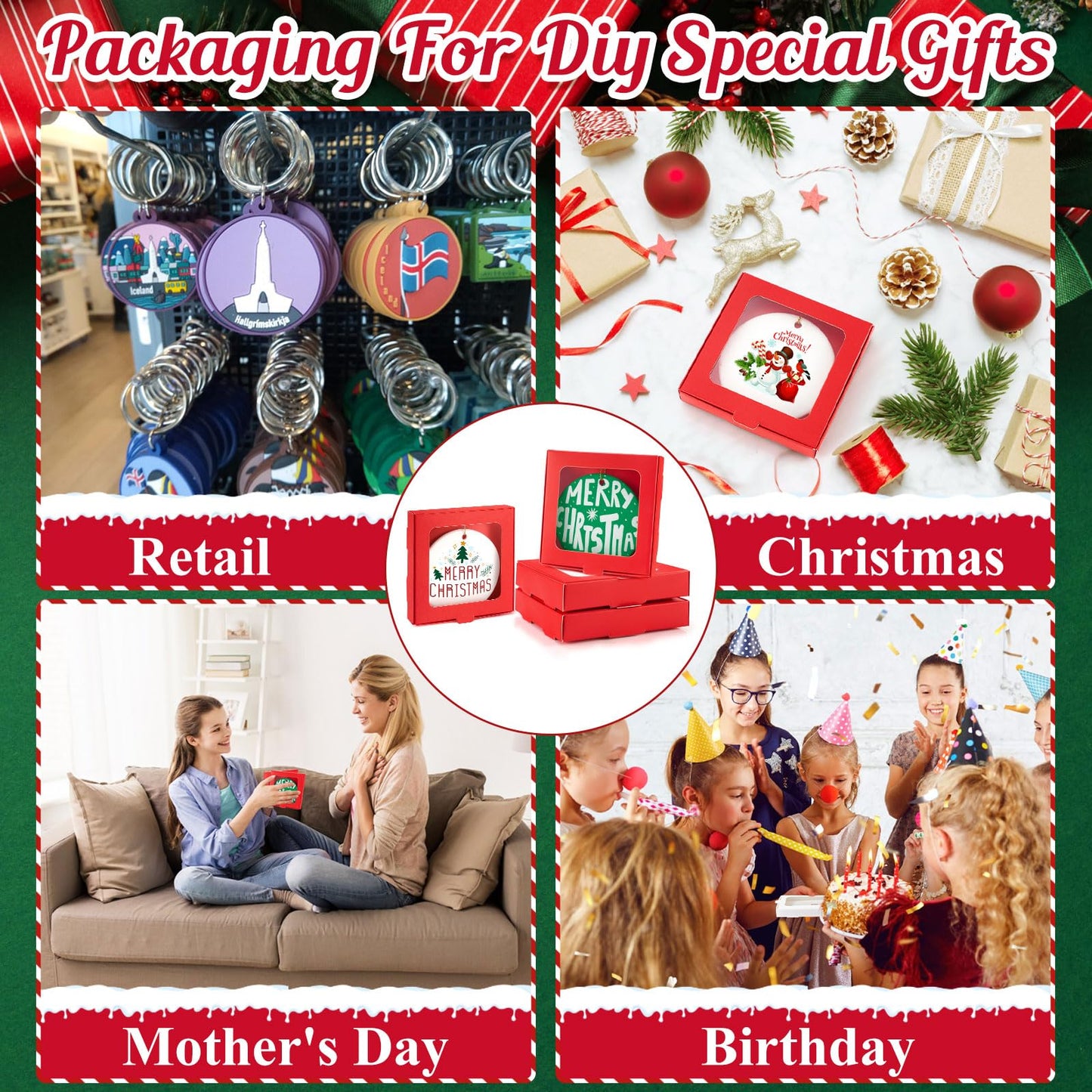 Dunzoom 50 Pcs Sublimation Ornament Blanks Gift Box 3.6"x3.6"x0.7" Christmas Ornaments Holder Ceramic Discs Packaging Box with Window for Personalized Xmas Tree Blanks Bulk (Red)