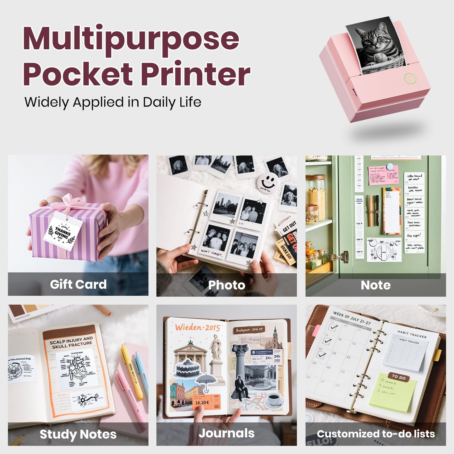 ETIKEZ Sticker Printer, PM290C Portable Mini Printer, Inkless Bluetooth Sticker Maker with 3 Rolls Paper, Impresora Portátil for Notes, DIY, Gift, Smart AI APP, Print Pod for Office, Pink 1pack