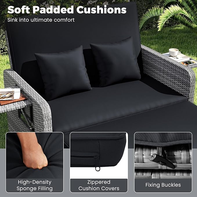 HAPPYGRILL Patio Rattan Wicker Daybed with Loveseat & Storage Ottoman, Outdoor Lounge Sofa Furniture Set with Adjustable Backrest & Side Trays, for Poolside Deck Porch Lawn (Mix Grey & Black)