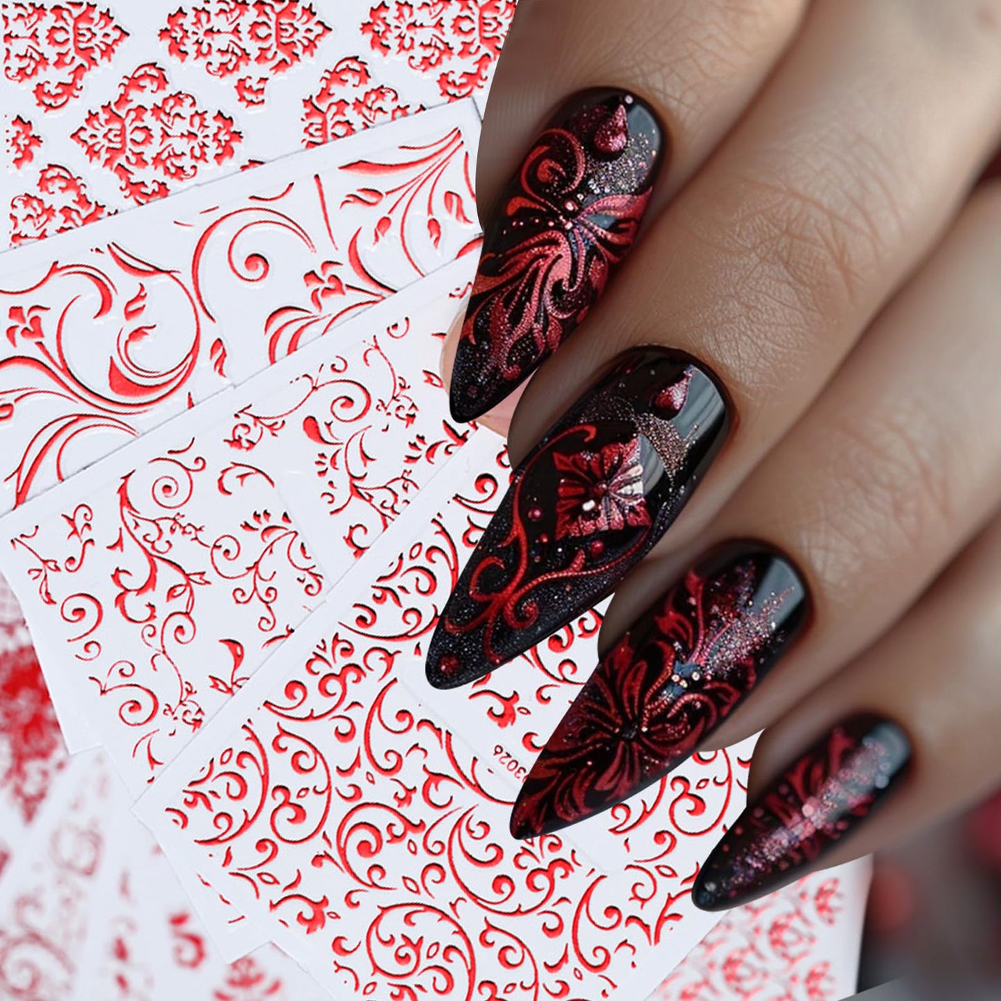 WEIXIWUYU Red Hollow Retro Floral Vine Nail Art Stickers Laser Silver Lace Design Nail Supplies 3D Self-Adhesive Nail Stickers for Women Girls DIY Manicure Slider Decorations 30 Sheets