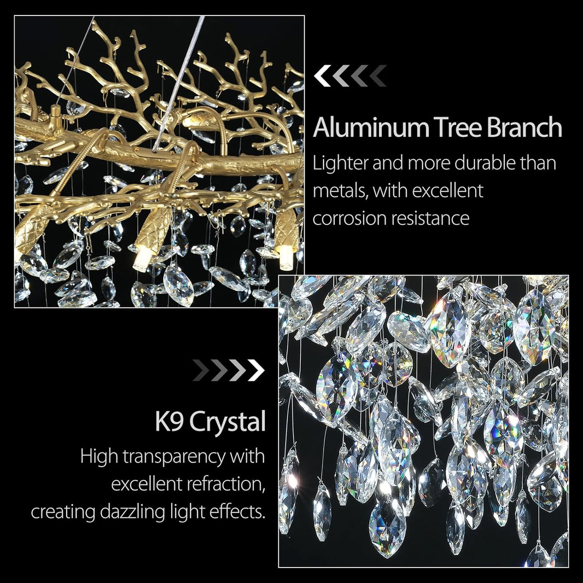 Modern Crystal Gold Chandelier, 36" Large Rectangular Oval Tree Branch Crystal Chandeliers for Dining Room,16-Light Flush Mount K9 Crystal Chandeliers, for Kitchen Island,Dining Room