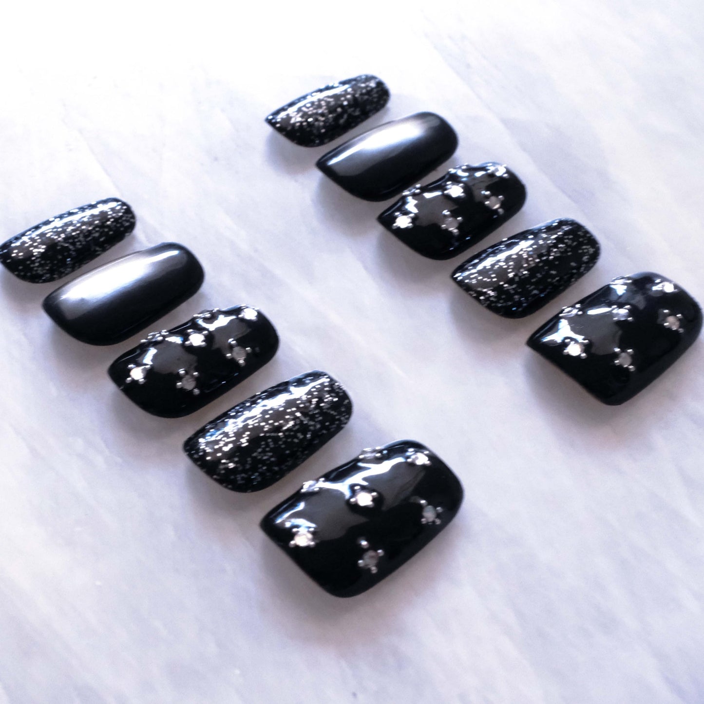 BlackStar - Handmade Press on Nails, Black Starry Sky with Cat Eye, Rhinestone Bling, Medium Ballerina Shape, 10 Pieces (Medium Size, MB)