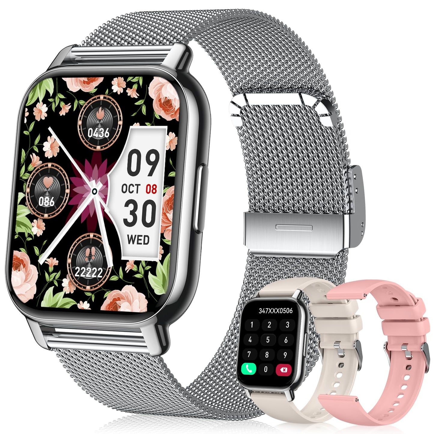 Smart Watch for Women(3 Bands), Smartwatch Fitness Tracker with Bluetooth Calls & AI Voice Control, 1.85’’ HD Screen, Heart Rate/SpO2 Monitor, Sleep Tracker, Compatible with Android iOS (Silver)