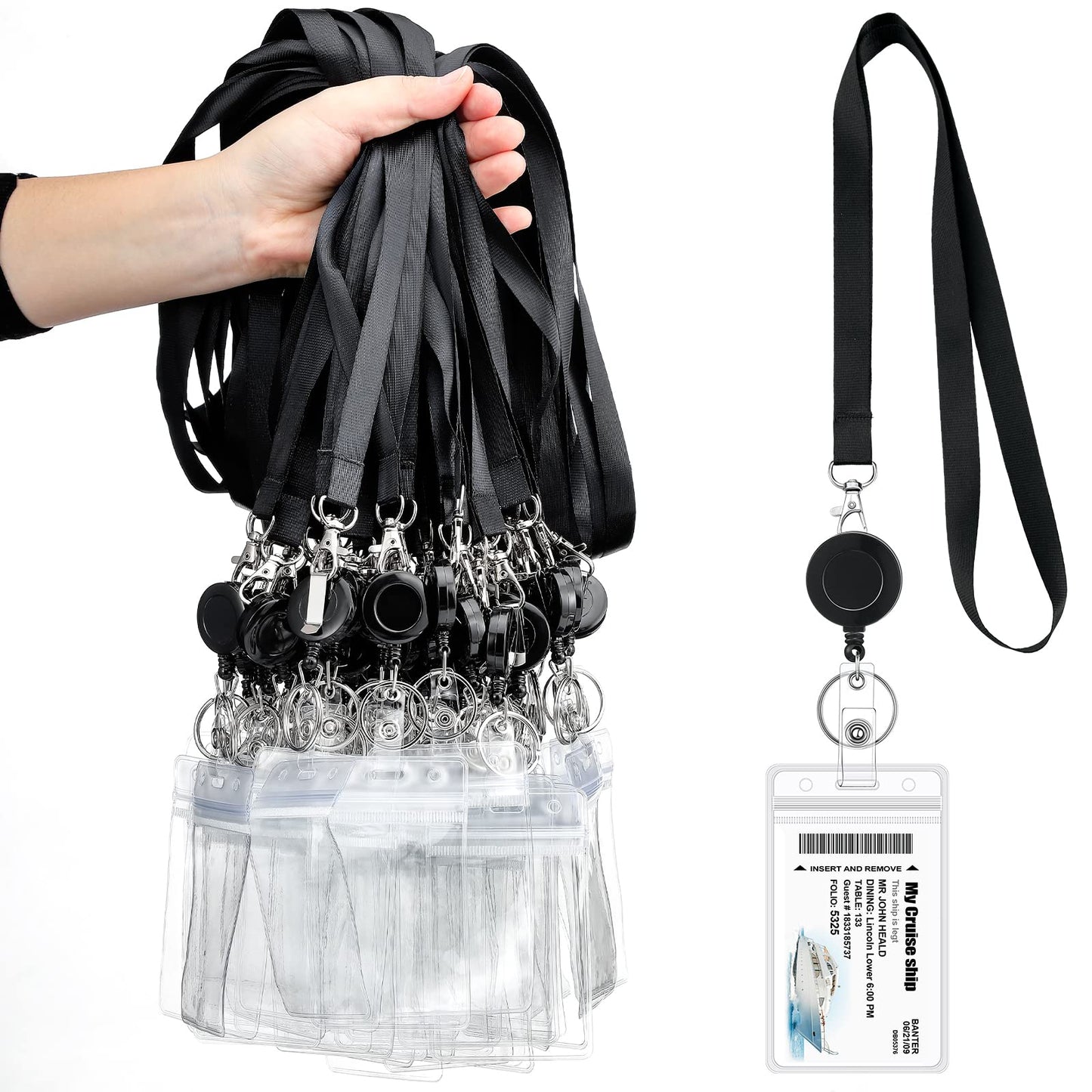 Woanger 50 Sets Black Lanyards with Retractable Reel Solid Color Black Lanyards Bulk Retractable with Vertical PVC Name Badge Holders