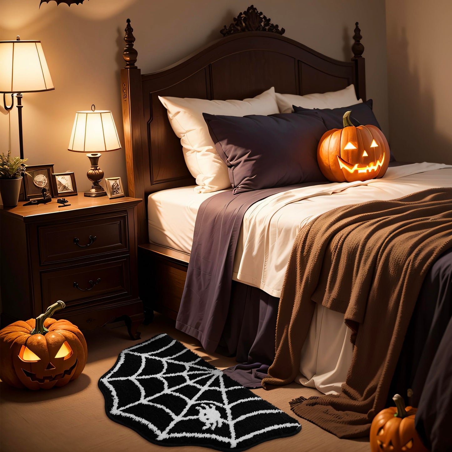 TRUEDAYS Halloween Decor Spider Web Bath Mat for Bathroom, Gothic Cute Halloween Decoration Black White Half Circle Bath Mat Non Slip Cartoon Bath Rug Bathroom Mat Plush Shower Rugs Washable