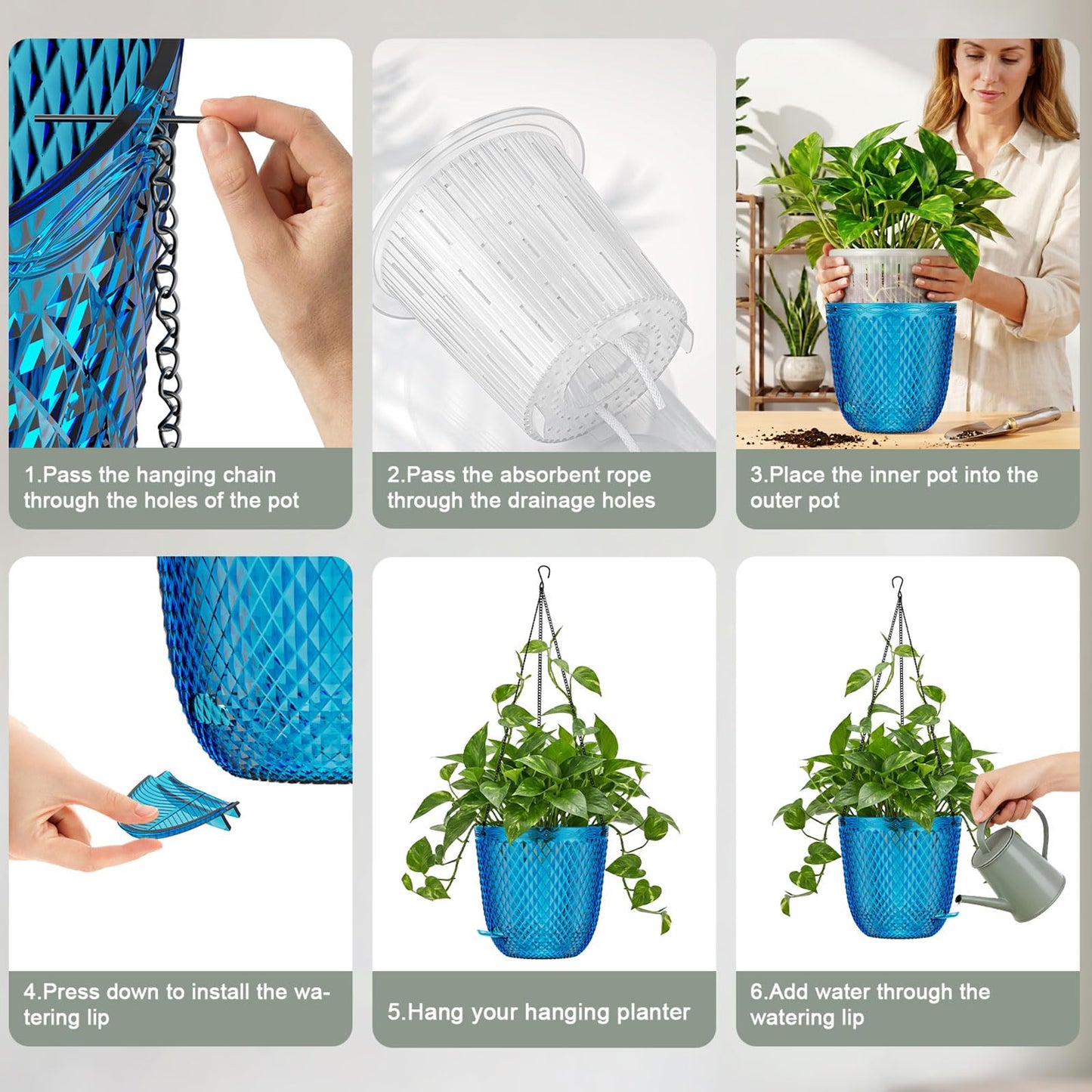 QCQHDU Hanging Planters for Indoor Plants, 2-Pack 7.2 Inch Self Watering Hanging Pots, Plastic Plant Hanger with Drainage Holes and 3 Hooks Chains for Garden Home (Klein Blue)