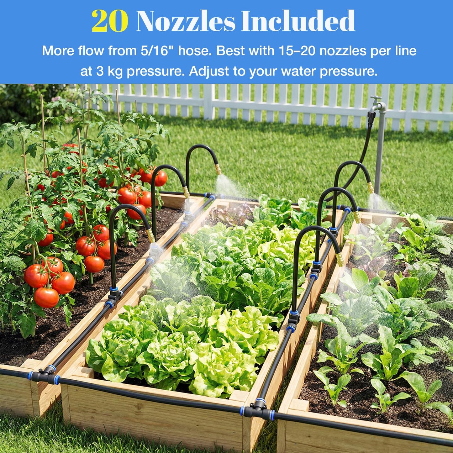 80FT Drip Irrigation Kit, 8mm Hose with 20 Brass 360° Adjustable Nozzles, Quick Connectors Automatic Garden Watering System– Complete Garden Irrigation System for Lawn, Greenhouse, Patio, Yard