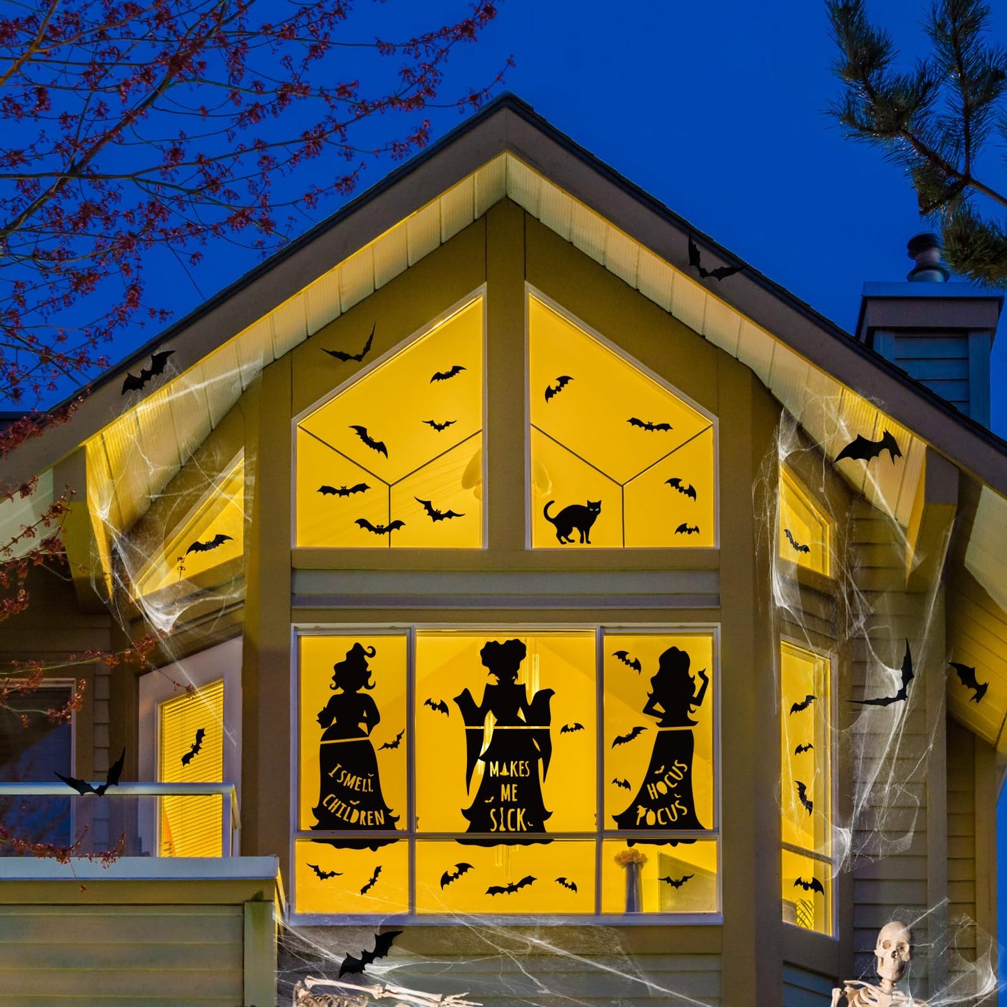 Halloween Window Decals Black Cat Bat Witch Silhouette Reusable Waterproof Static Clings for Glass Home Party Decor 35.4 x 6.9 inch