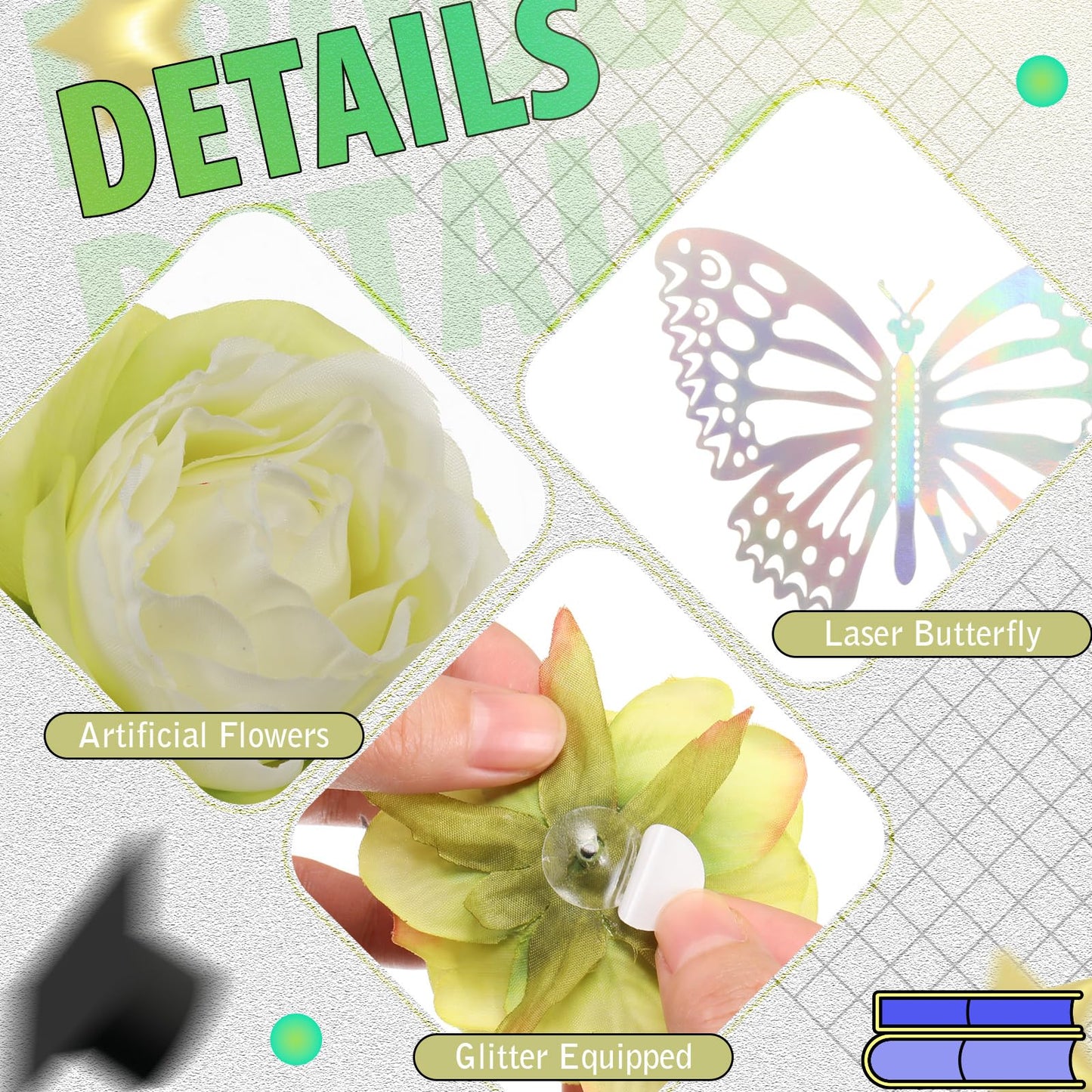 Wavwavw 36 Pcs DIY Graduation Cap Decorations Accessory Kit Include Faux Flower Heads and 3D Glitter Butterfly for Graduation Cap Decoration Home Decor Cake Wreath Craft Decor(Light Green)