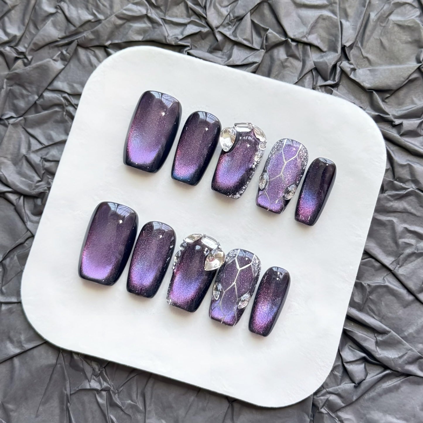 Purple Cat Eye Press On Nails - Galaxy Nebula Design with Crystal & Cracked Stone Accents, Short Coffin Shape, Reusable False Nails for Women (M)