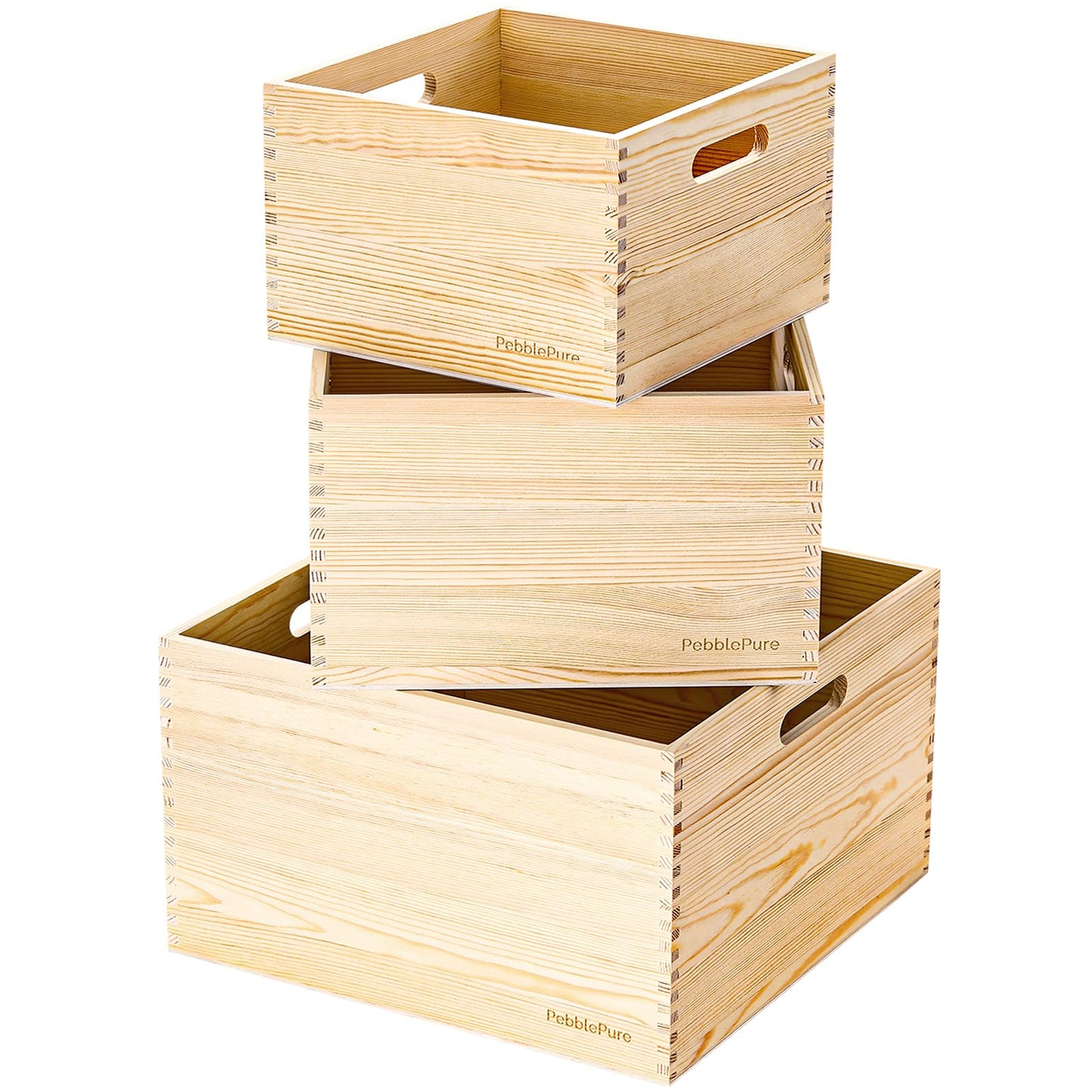 PebblePure Set of 3 Large Wood Storage Crates (Up to 14.5"x14"x10"), Fully Assembled, Seamless Dovetail Unfinished Farmhouse Solid Natural Nesting Wood Crates for Home Office Retail Display