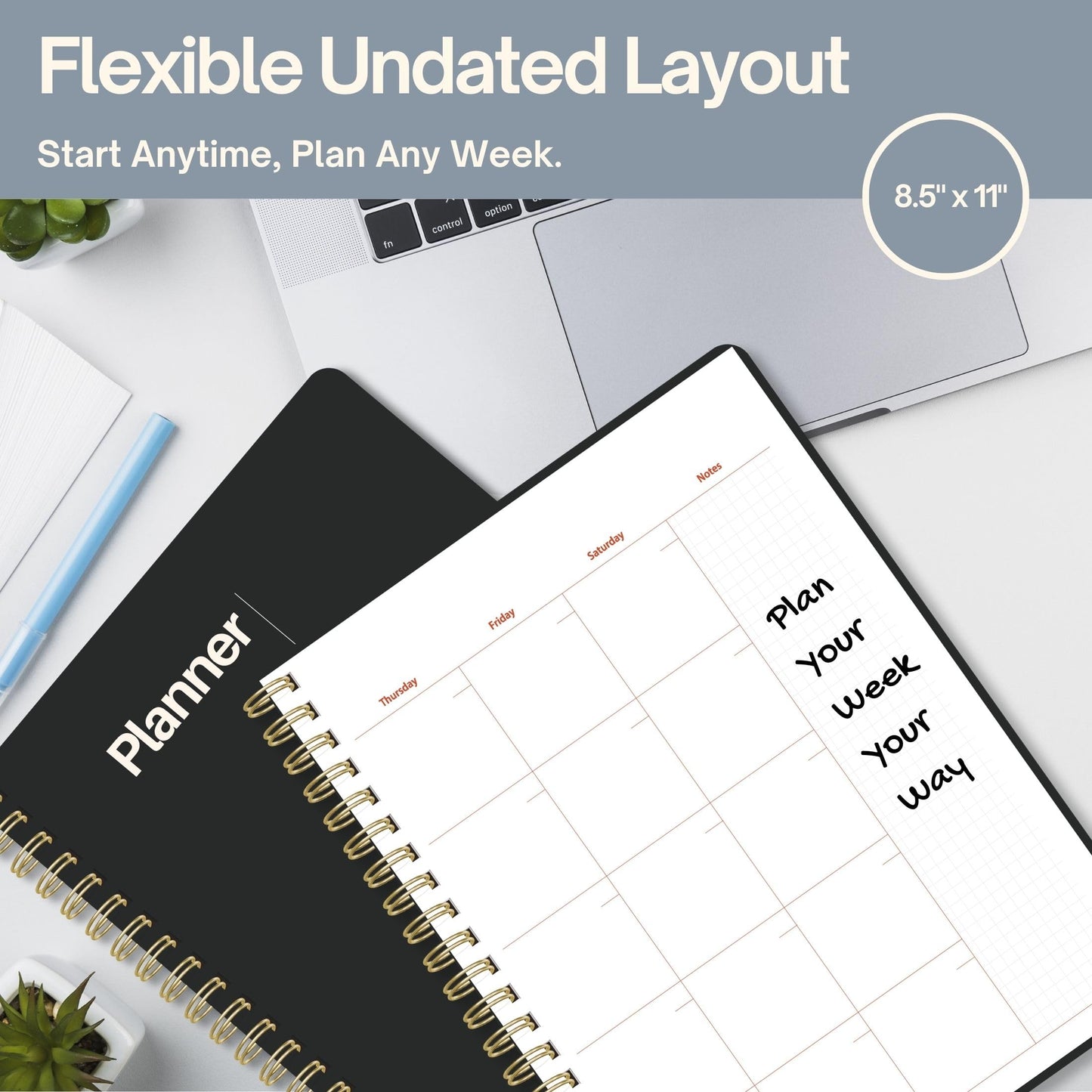 Undated Weekly Planner, 8.5x11” – Dashboard Layout with Yearly Review, Monthly Calendars, & Weekly To Do List, Spiral Bound Organizer for Work, Study & Life (Black)
