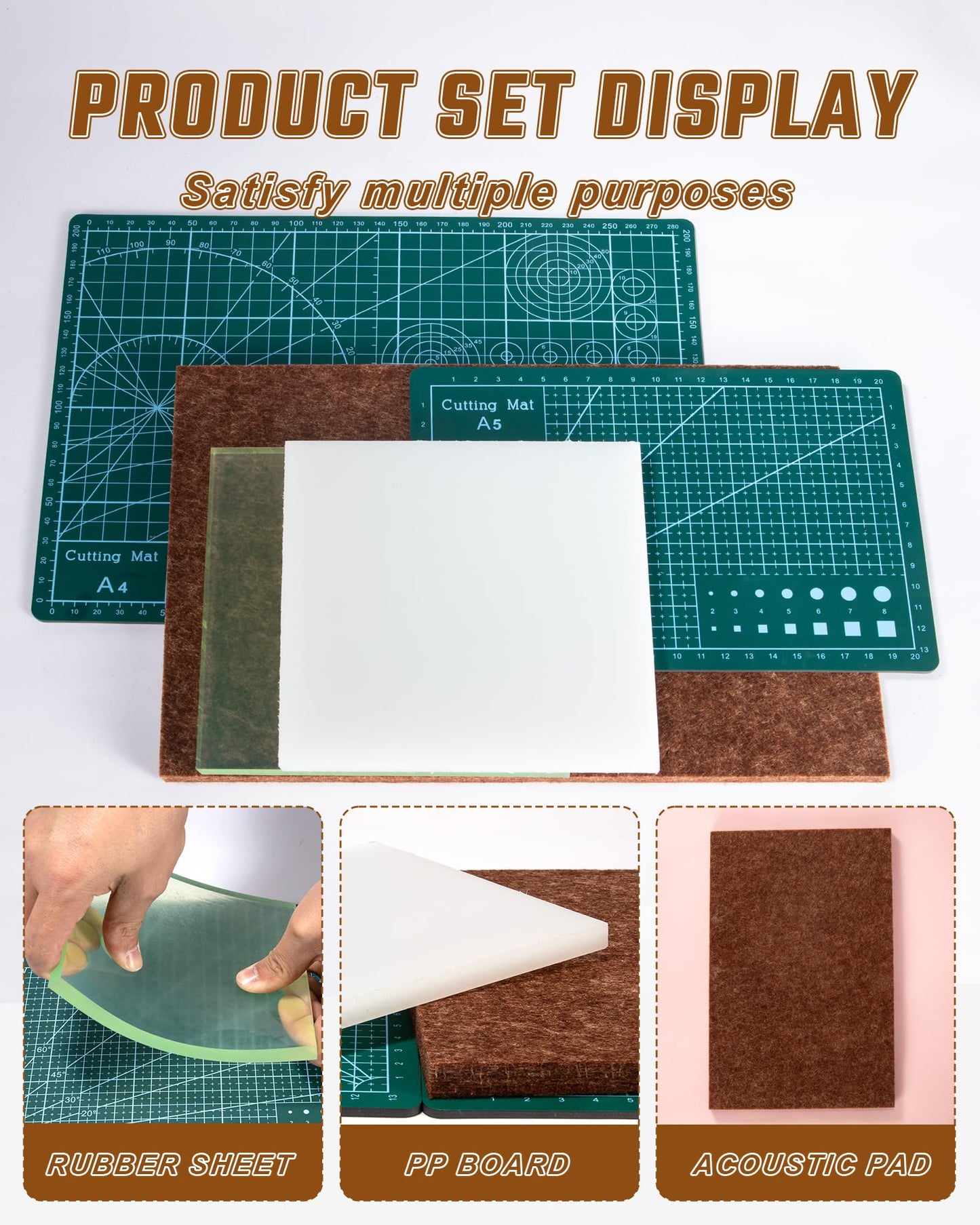 5 Pcs Leather Punch Pads Set， A4+A5 Self Healing Cutting Mats, 15x15cm Rubber And PP Punching Pads, Brown Sound Absorbing Pad, DIY Craft Tools for Leatherworking, Sewing, Quilting