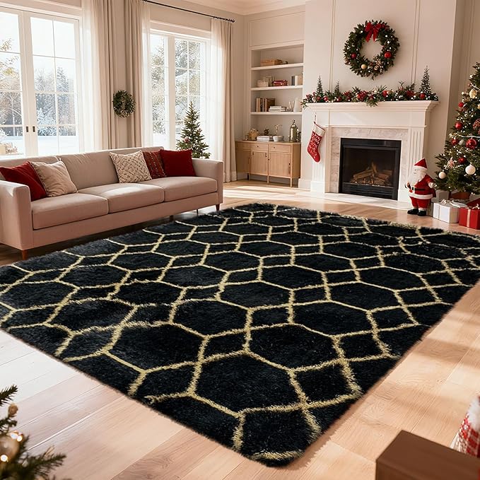 8x10 Fluffy Area Rugs for Living Room,Shag Area Rug for Bedroom,Geometric Soft Fuzzy Rug Non-Shedding Indoor Plush Carpet for Kids Bedroom Nursery Home Decor,Black and Gold