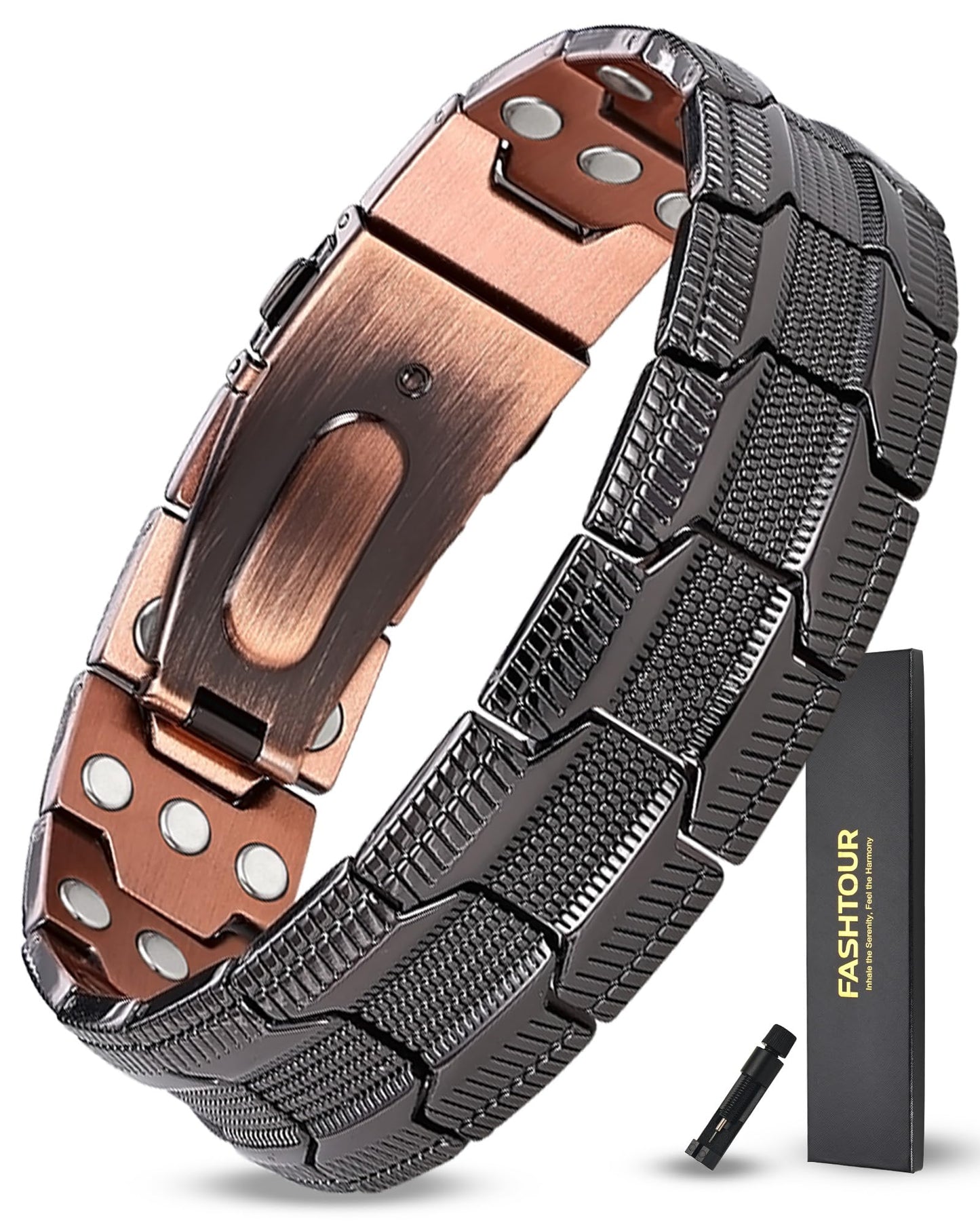 Fashtour Men’s Copper Bracelet, 3X Strength 99.99% Pure Copper Magnetic Bracelet with Magnets, Butterfly Clasp Design, Adjustable Length with Sizing Tool(Black)