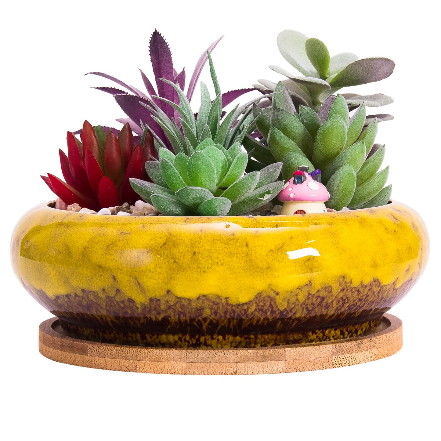 ARTKETTY Succulent Pots - 7.3 Inch Large Succulent Planters with Drainage Ceramic Bonsai Pots with Bamboo Tray, Shallow Planters for Indoor Cactus Plants Decorative Flower Plant Container