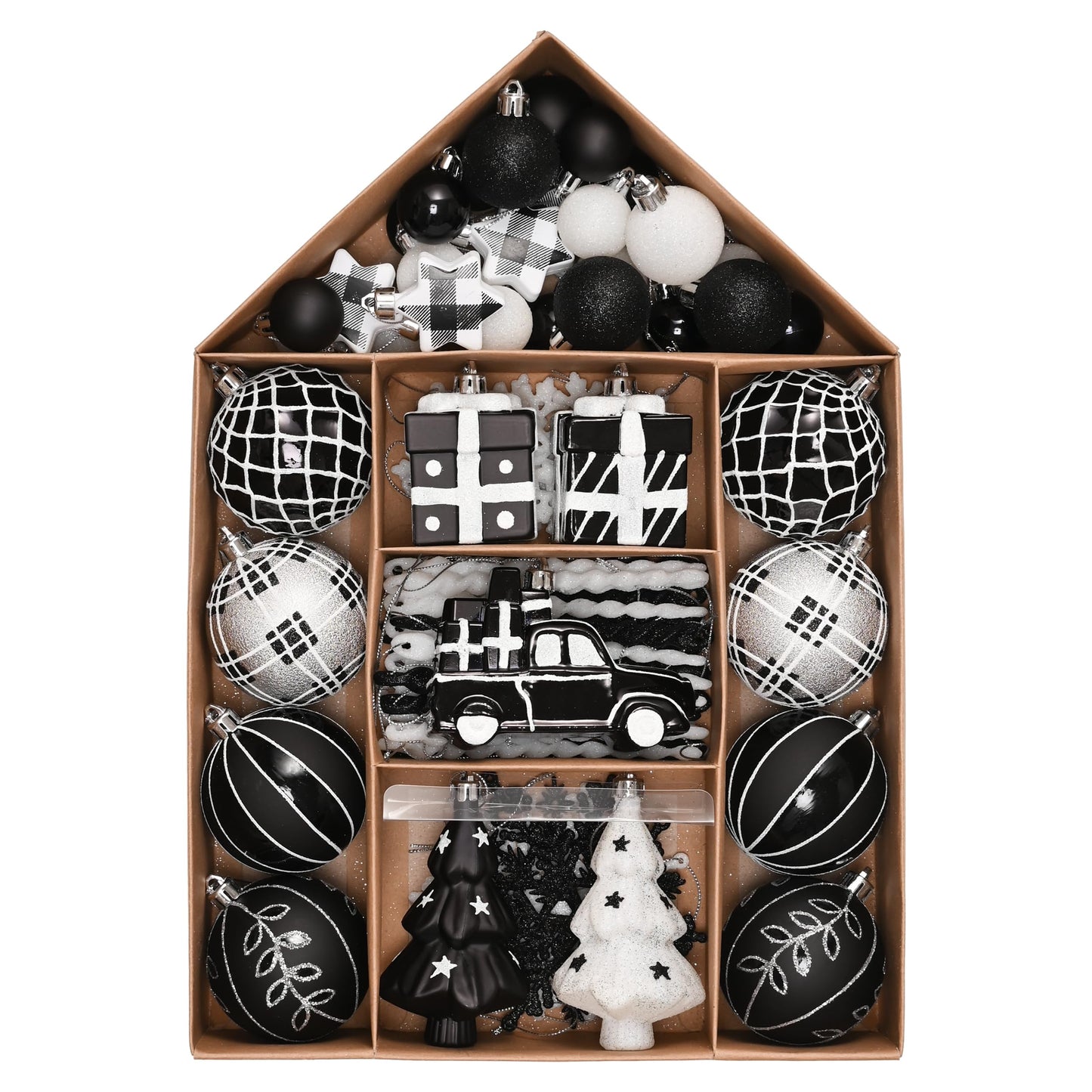 Valery Madelyn Christmas Tree Ornaments Set, 70ct Black and White Shatterproof Christmas Tree Decorations Bulk, Variety Modern Decorative Hanging Ball Ornaments for Xmas Trees Holiday Decor