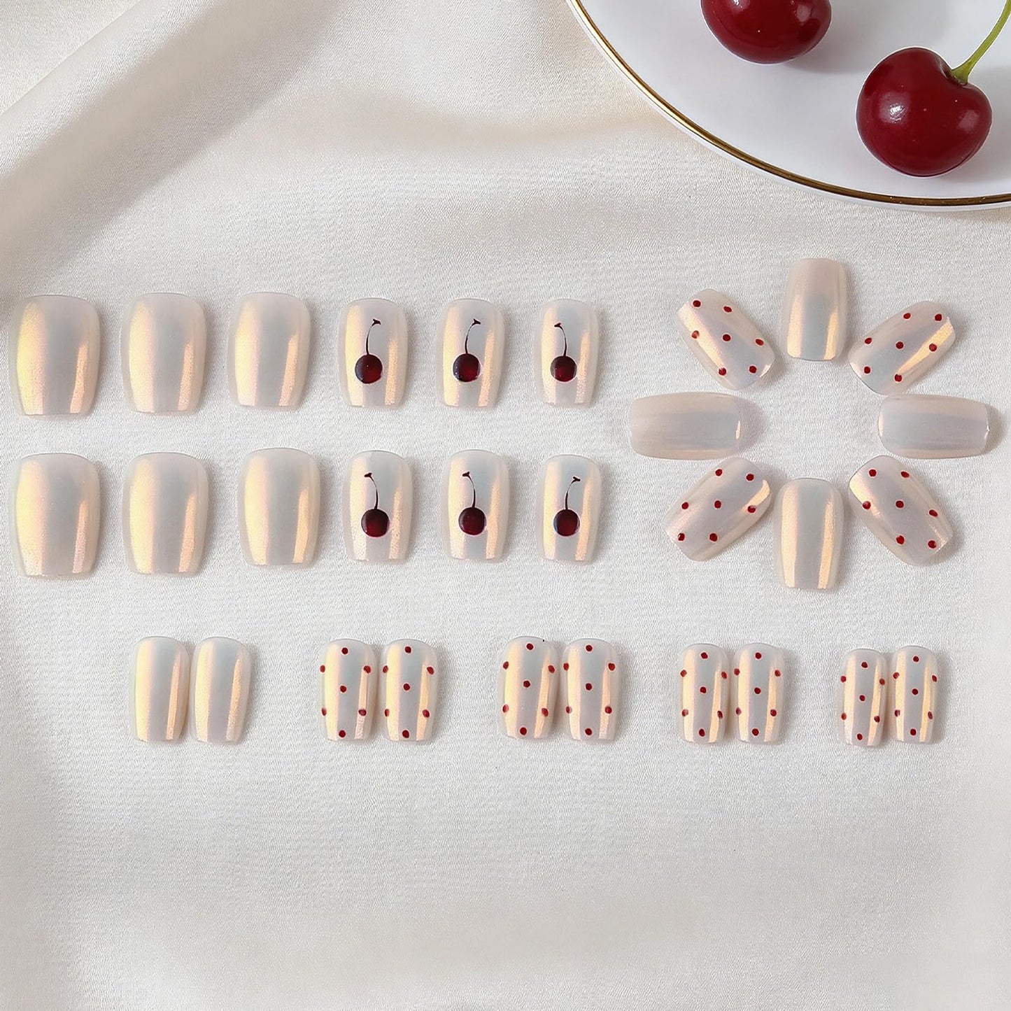 MISUD Press on Nails - Short Square Fake Nails with White Chrome, Acrylic Polka Dot Cherry Design 30 pcs