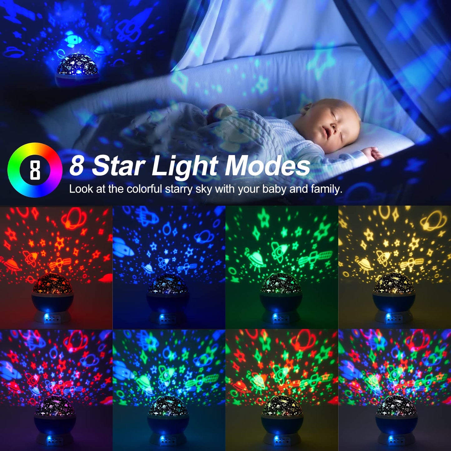 Christmas Baby Night Lights with Remote Control,Moon Projector 360 Degree Rotation - 4 LED Bulbs 8 Color Changing Light, Romantic Night Lighting Blue