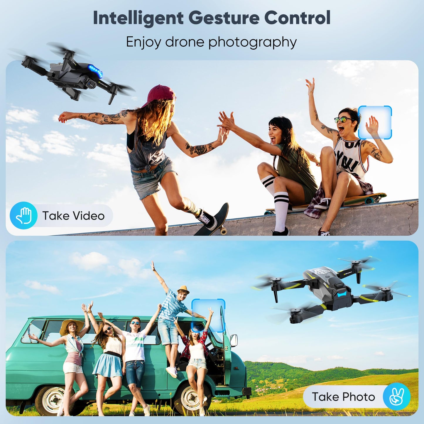 Flymevac Drone with Camera, Dual 720HD, Drone for Kids with Cool Lights, Gestures Control, Vertical Shooting, Waypoint Flight, Gravity Control, 3D Flip, 3-Speeds, Drones for Adults, Beginners, Kids