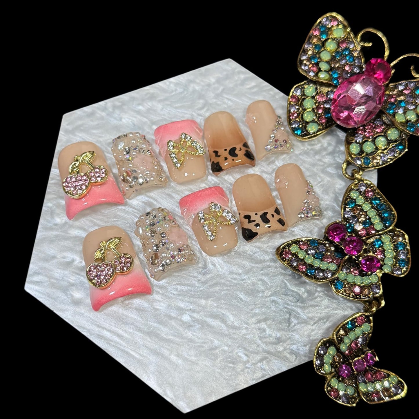 Handmade Press on Nails Short Duck Shape - Leopard Print & Full Diamond Cherry Design, Pink Acrylic Reusable False Nails with Gold Leaves & Butterfly, Unique 3D Nail Art Set (Jewel Orchard, M)