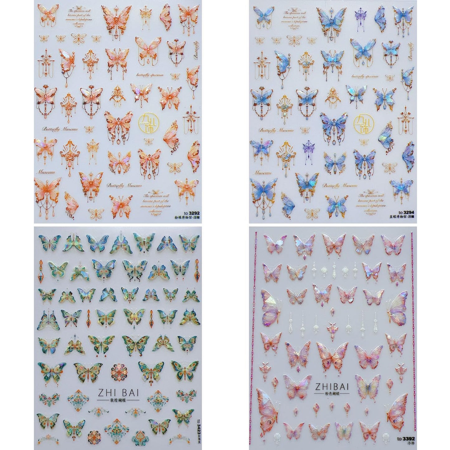 NAIL ANGEL 4Sheets Nail Art Adhesive Sticker Sheets Aurora Summer Butterfly Decals Nail Art (10343)