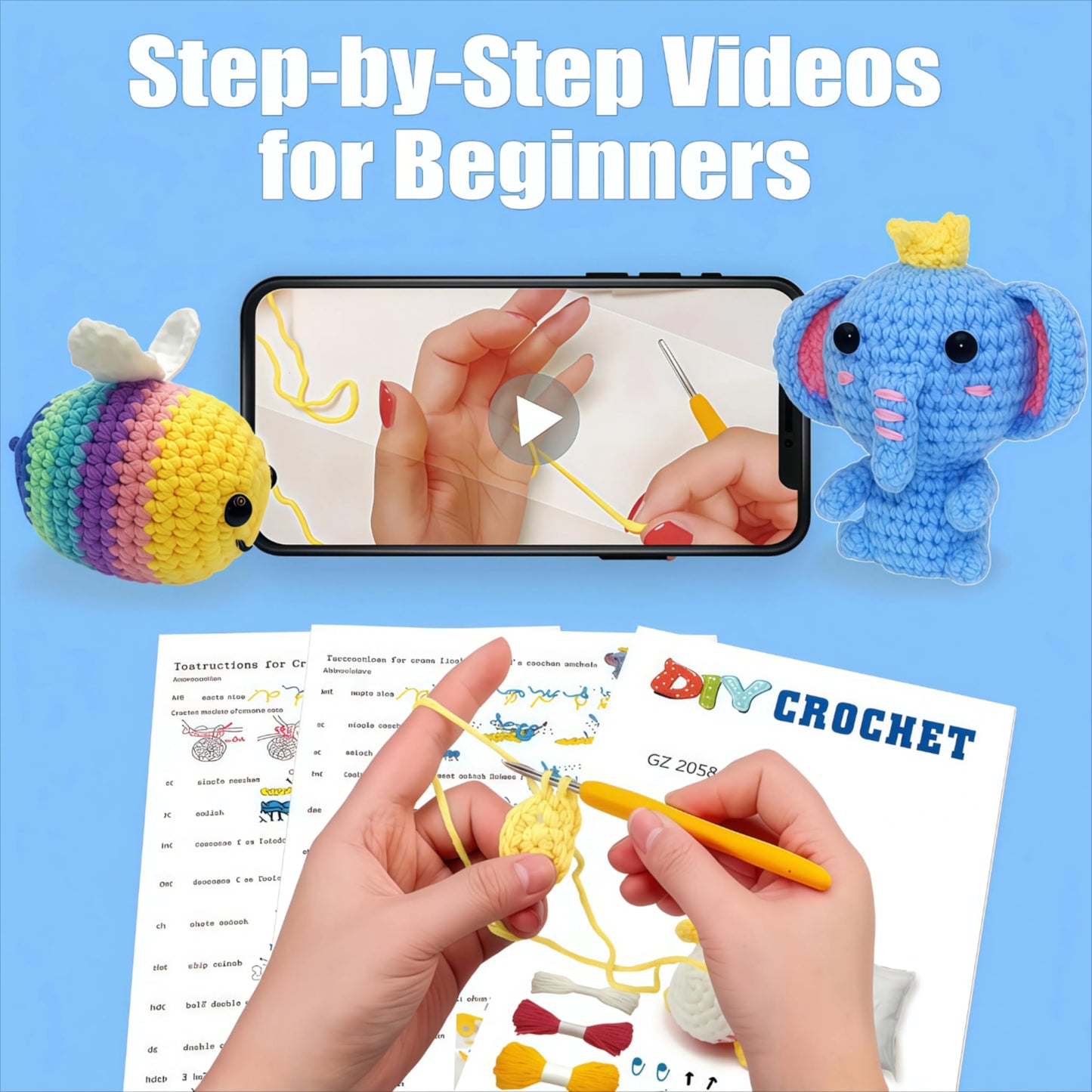 BLZEDIM 6Pcs Crochet Kit for Beginners, DIY Crochet Animal Kits with Step-by-Step Video Tutorials Beginner Knitting Kit for Adults DIY Stuffed Animals Valentine's Day Craft Gift for Starter (Turtle)