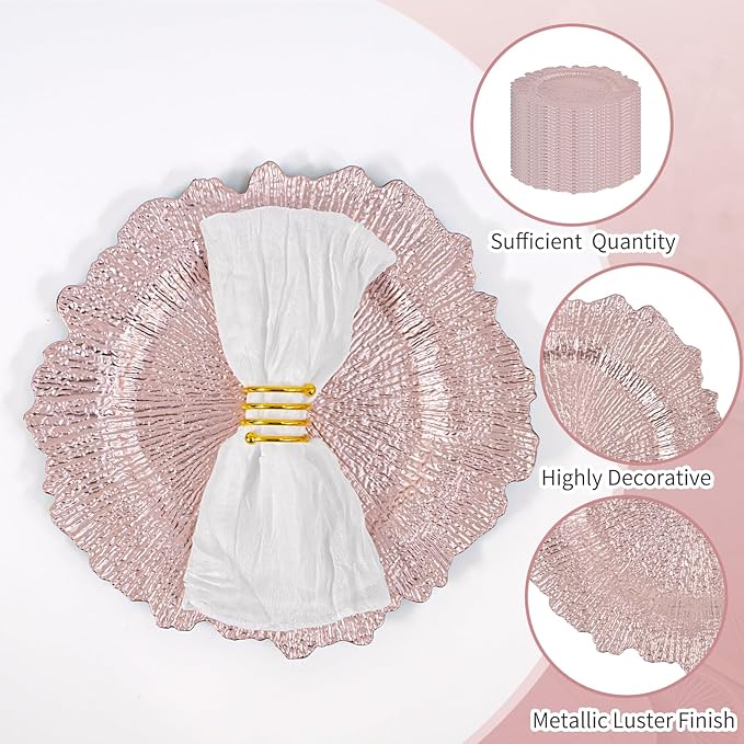 50 Pcs Rose Gold Charger Plates Bulk 13 Inch Plastic Charger Plates for Dinner Plate, Rose Gold Chargers for Table Setting, Reef Design Plate Floral Decorative Round Chargers for Wedding Party, Event