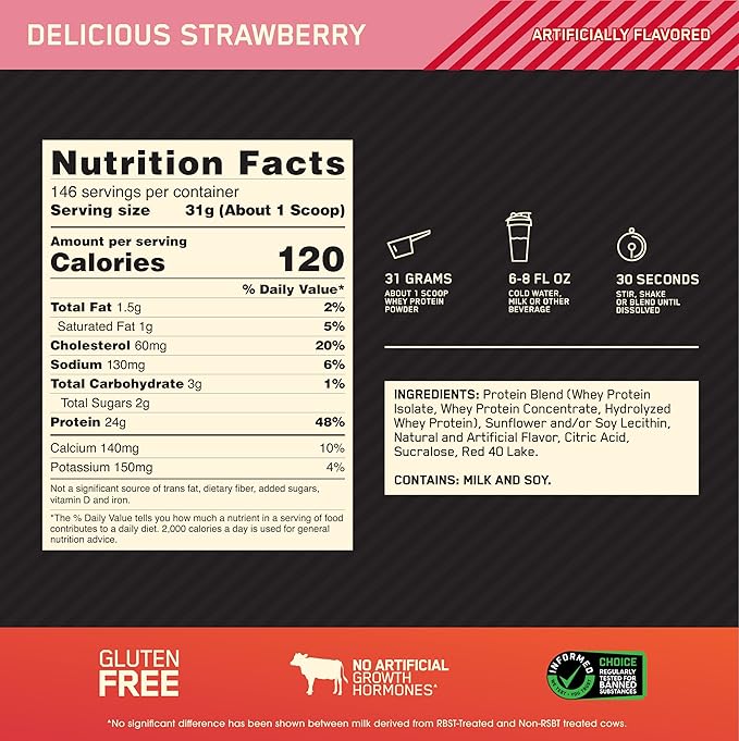Optimum Nutrition Gold Standard 100% Whey Protein Powder, Delicious Strawberry, 10 Pound (Packaging May Vary)