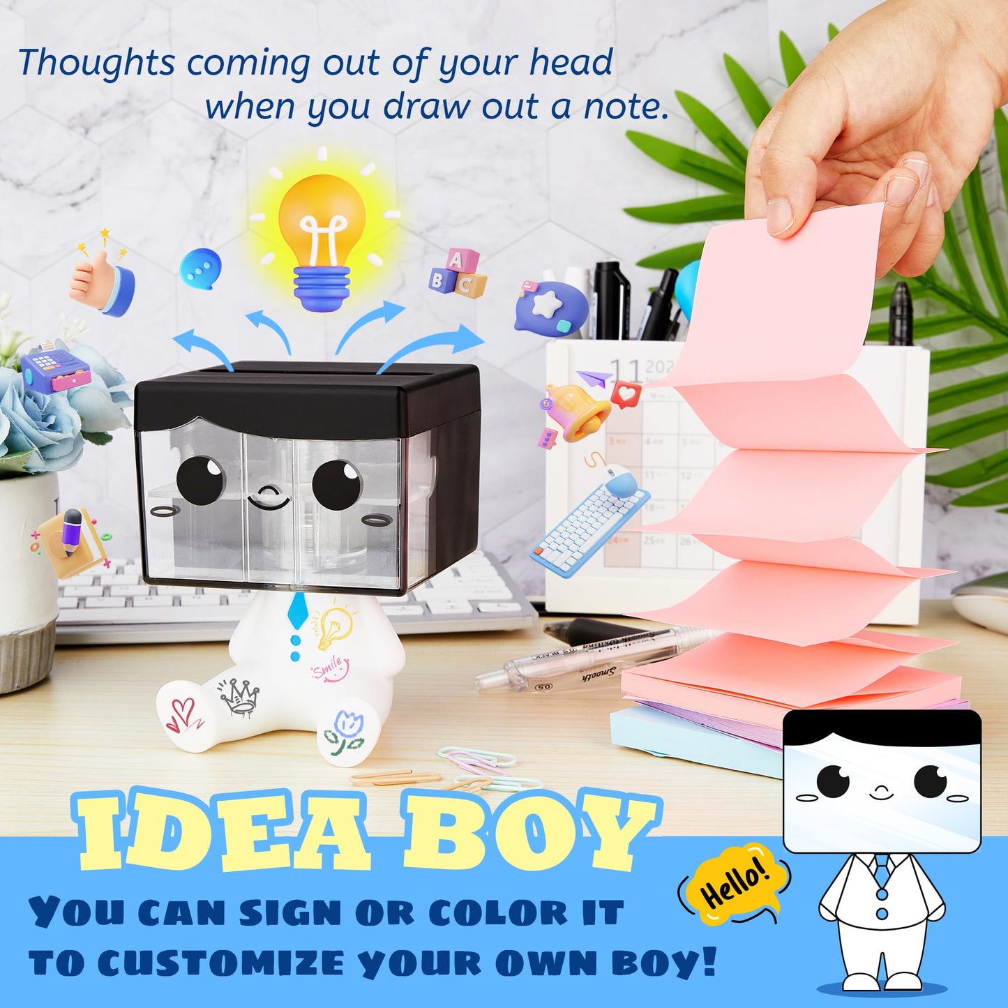 Dormercy Pop-up Notes Dispenser for Desk, Idea Boy Sticky Note Holder for Office School, Cute Office Supplies, 3x3 in, Magnetic Design, White, 1 Pack