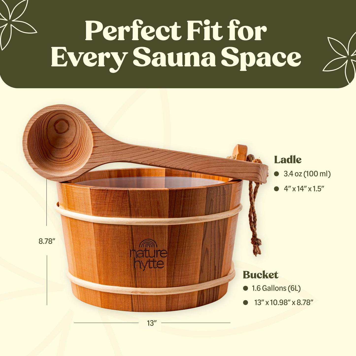 Nature Hytte Red Cedar Sauna Bucket and Ladle Set 6L (1.6 Gallon) - Natural Rope Handle - Premium Red Cedar Wood - Natural Aroma - Elegant Gift-Ready Packaging