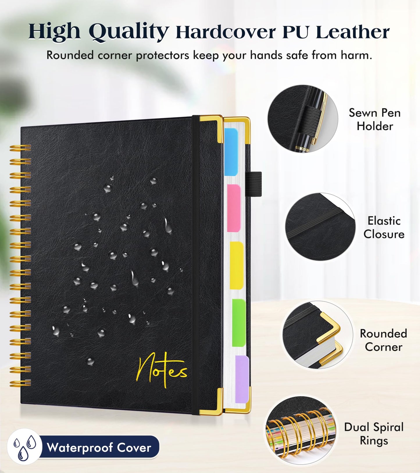 Spiral Notebook Journal with Removable Dividers Tabs, 300 Pages Hardcover Leather 5 Subject College Ruled Notebook, 8"x10" Large B5 Lined Journal for Women Men, Spiral Notebooks for Work School, Black