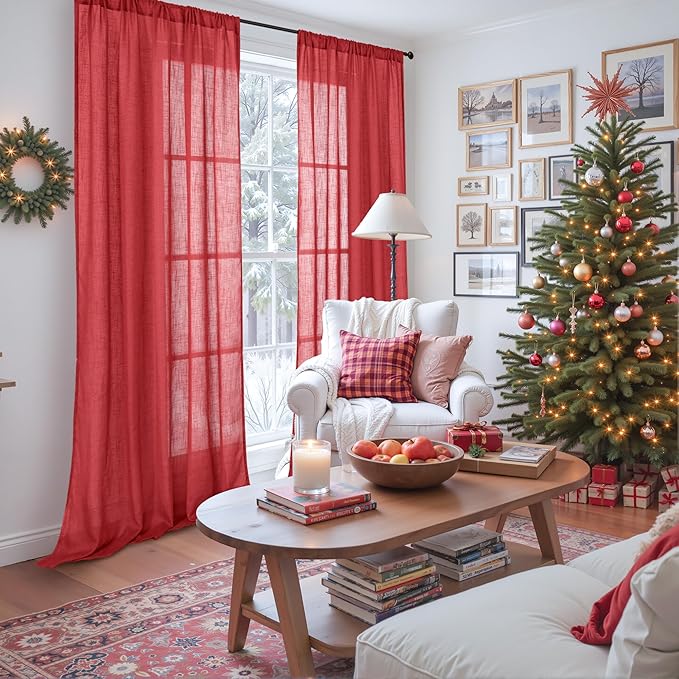 BGment Long Linen Semi Sheer Curtains 102 Inch Length for Living Room, Red Lightweight Window Drapes for Bedroom with Rod Pocket Light Filtering Rustic Textured, 2 Panels Set, Each 52 Inch Wide