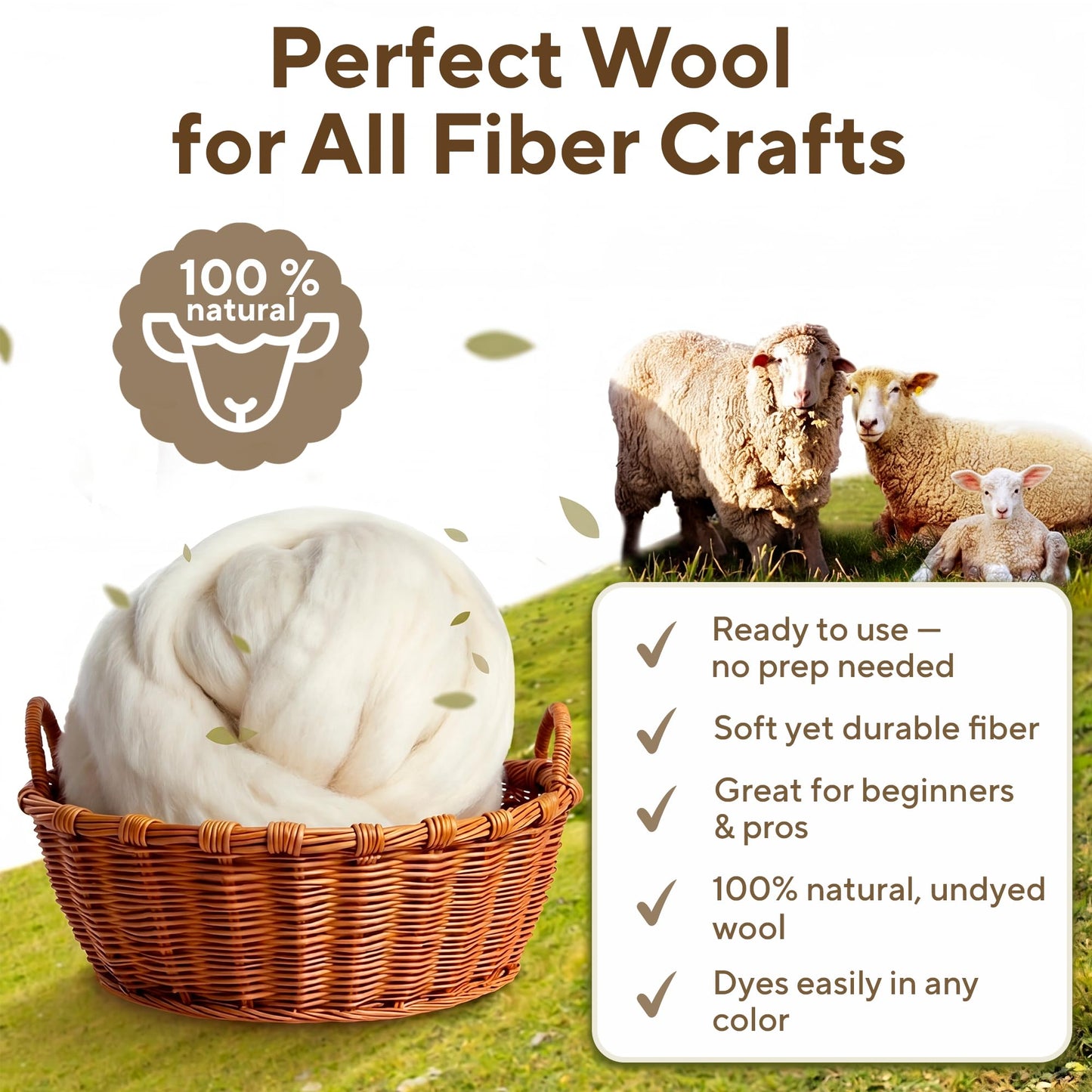 Wool Roving Top – 8 OZ Natural Corriedale, Bulk Pack, Best Core Wool for Needle Felting Wool, Wool Felting, Dryer Balls, Yarn Roving - Ethically Sourced, Processed in USA - White Ecru, 29.5 Micron