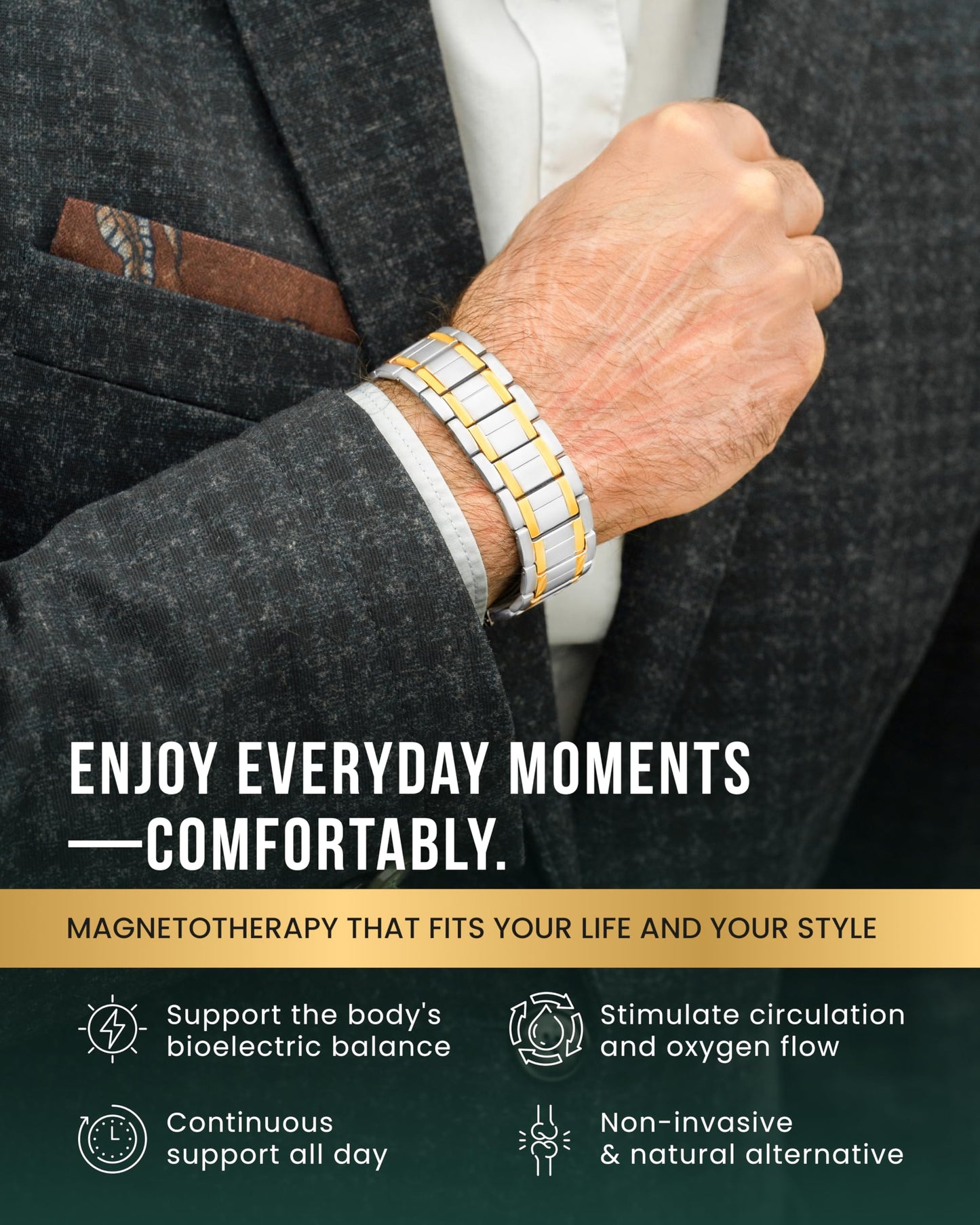 MagnetRX® 3X Strength Magnetic Bracelets for Men – Effective Magnetic Titanium Bracelet for Men – Premium Fold–over Clasp & Adjustable Length with Sizing Tool & Gift Box (Silver/Gold)