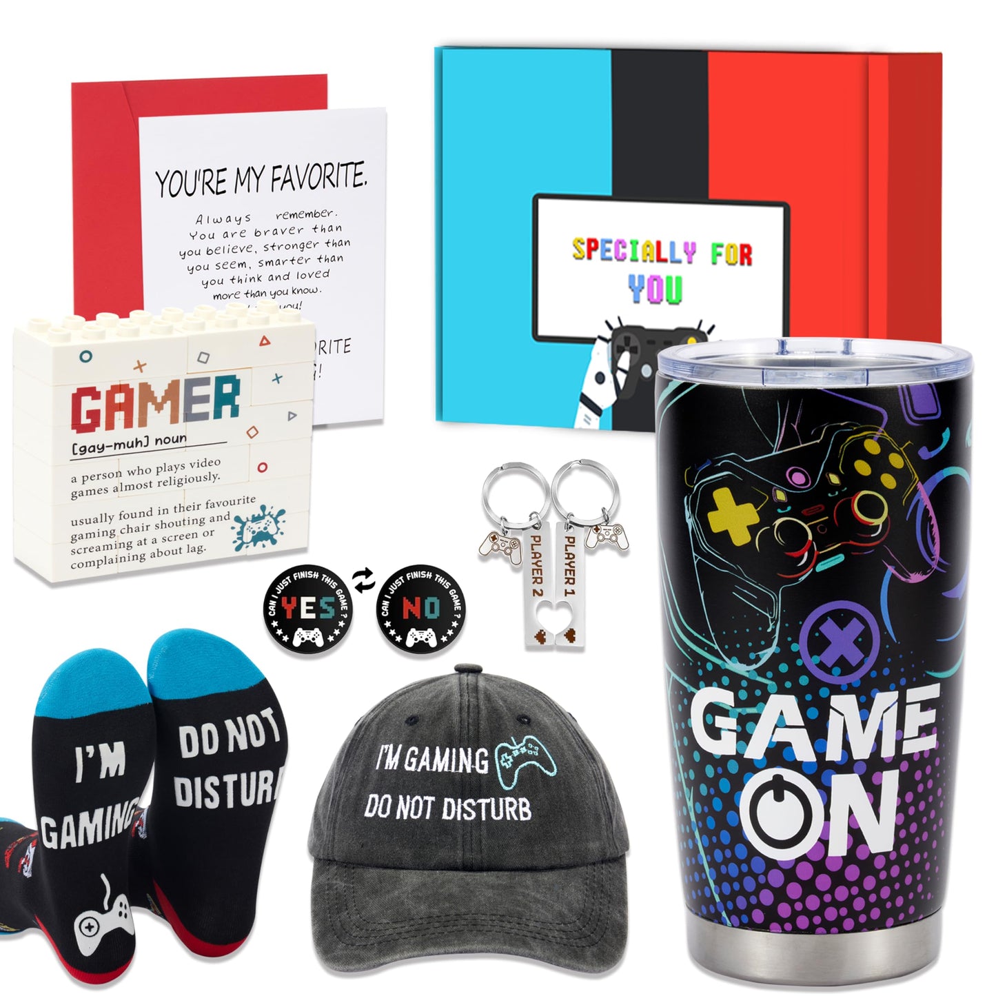 Guguden 8 PCS Easter Basket Stuffers Gamer Gifts for Men,Easter Gift Ideas Gaming Gift Box for Boyfriend Teens Dad Brother, Cool Gaming Stuff Accessories, Video Game Things Tumbler Keychain Socks