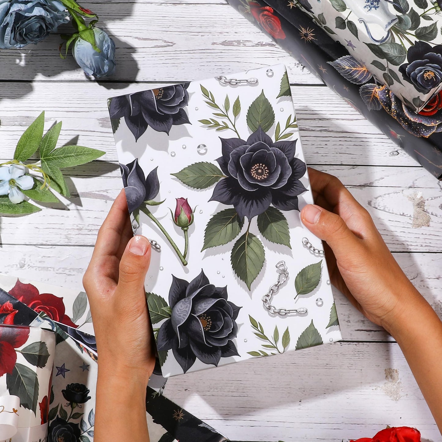 Liobelon Gothic Rose Wrapping Paper - 12 Sheets Dark Black & Red Roses Designs, Horror Goth Aesthetic Flower Gift Wrap for Gothic Birthday, Mother's Day, Wedding, Anniversary, 19.7 x 27.6 In.