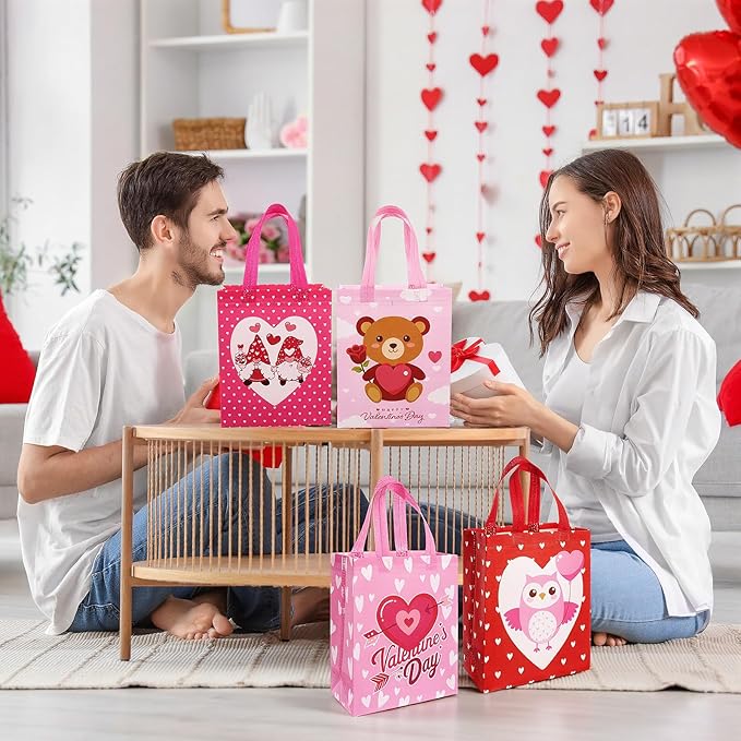 Wesnoy 24 Pcs Valentine's Day Gift Tote Bags Bulk Reusable Non Woven Gift Wrap Cute Treat Goodie Bags with Handle for Valentine's Day Wedding Birthday Party Favor Supplies