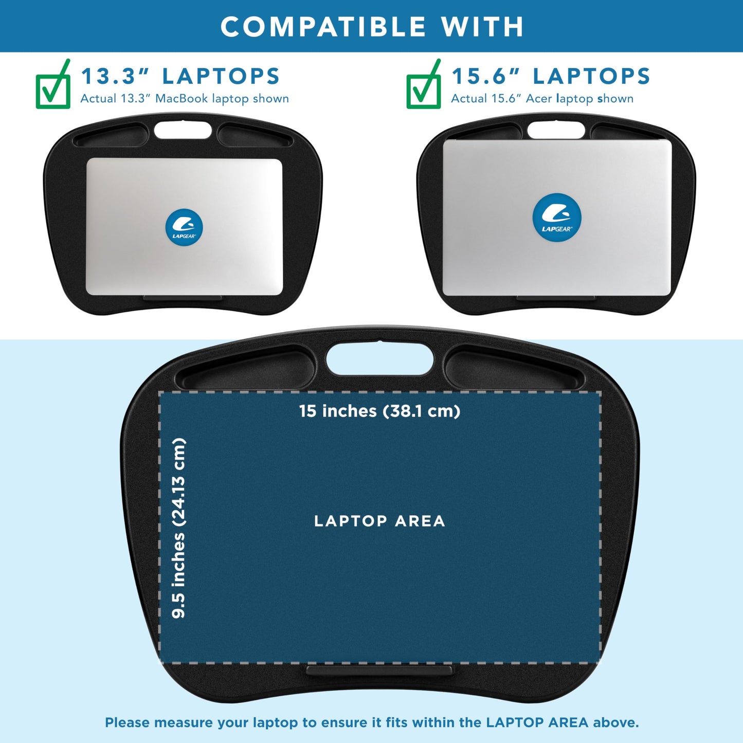 LAPGEAR MyDesk Lap Desk with Device Ledge and Phone Holder - Black - Fits up to 15.6 Inch Laptops - Style No. 44448