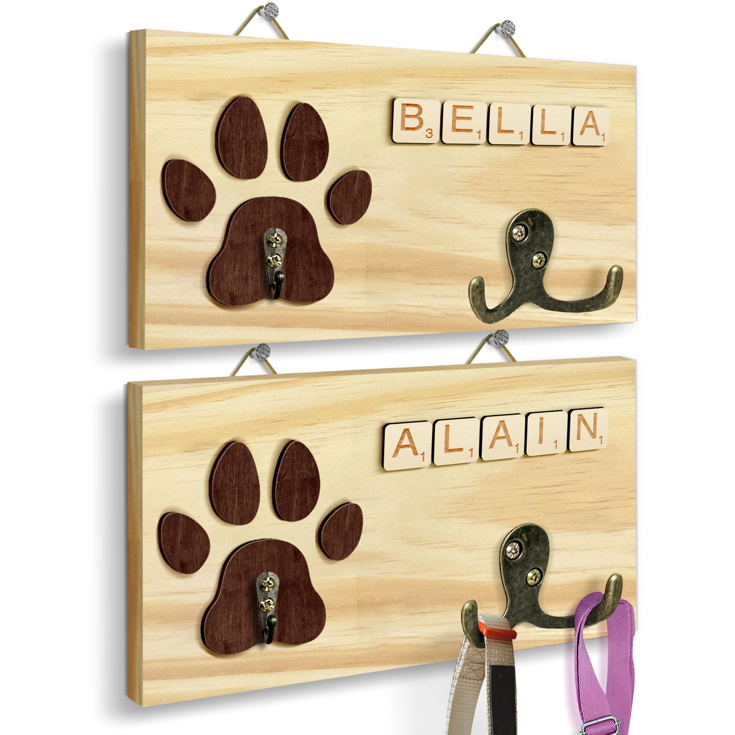 VINARTSVN 2 Pack Dog Leash Holder Wall Mount, Pet Harness Hanger with Scrabble Letters, Dog Collar Organizer for Entryway, Cat Leash Holder for Wall, Pet Loss Gifts, Keepsake, Home Decor PF218-CBN