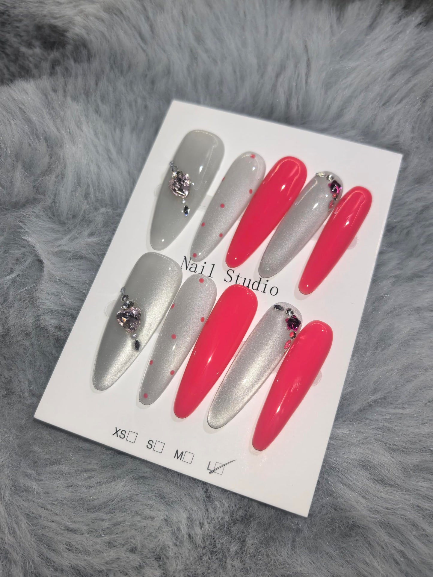 Glam Silver Coral Press On Nails, Heart Rhinestone Embellished Extra Long Stiletto Fake Nails, Reusable Manicure Set (L)