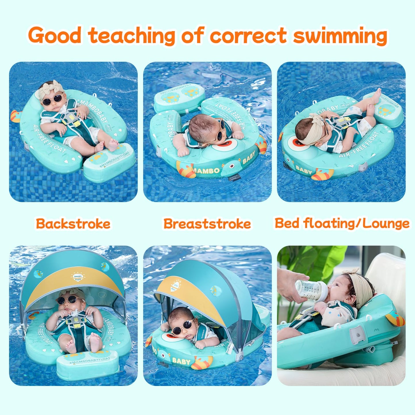 Mambobaby Float with Canopy Skin-Friendly Baby Swim Float with Tail Waterproof Non-Inflatable Mambo Float Smart Swim Trainer Soft Solid Infant Pool Float 3-24 Months Baby Swim Ring